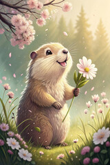 Happy Groundhog Day card design featuring a joyful groundhog holding a flower among blooming flowers