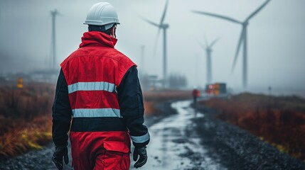 Obraz premium Back view of male worker standing alone in red safety suit walking away from wind farm on foggy day