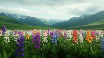 Obraz premium The seasonal ecology of a wildflower meadow Vibrant wildflower field with mountains in the background.