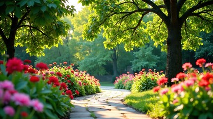 Serene Garden Path A sun-dappled stone walkway winds through vibrant blooms and lush green foliage, under the shade of a majestic tree, creating a picturesque scene of tranquil beauty.