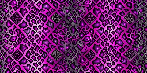 Vibrant purple neon leopard print with bold black outlines and metallic sheen on a dark grey background