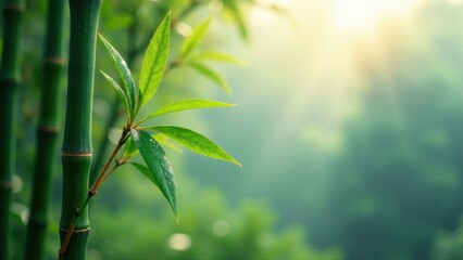 Serene Bamboo Grove Lush Green Foliage and Sunlight Dappled Stalks in a Tranquil Natural Setting