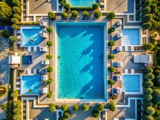 Aerial View of a Sparkling Blue Swimming Pool Surface, Summer Vacation Resort