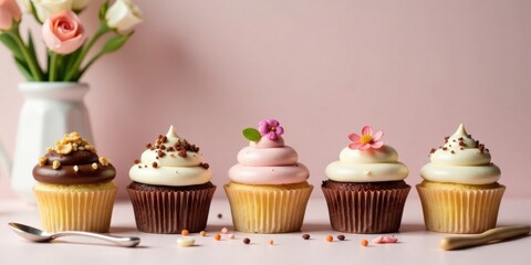 A delightful arrangement of miniature cakes, each adorned with unique frosting and delicate floral accents, presented on a pastel surface.