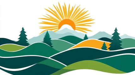 Obraz premium Sunset over green mountains nature artwork vibrant forest scene artistic landscape colorful horizon