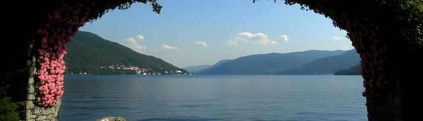 Scenic Lake View Through Flower Archway, mountains, landscape, nature, flowers, pink flowers
