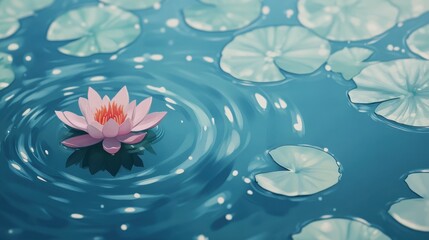Floating pink lotus flower amidst ripples and lily pads in serene blue water under a peaceful sky