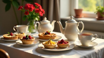A delightful afternoon tea setting with assorted mini tarts, featuring a variety of fruit toppings, served with a steaming cup of tea and a teapot on a pristine white tablecloth.