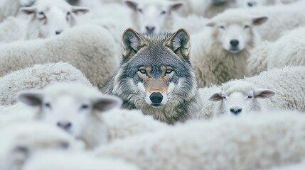 Obraz premium A wolf camouflaged among sheep a striking example of nature s balance and survival tactics
