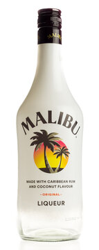 GRONINGEN, NETHERLANDS - DECEMBER 28, 2024: Bottle of Malibu cocunut liqueur isolated on white background