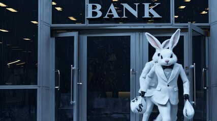 Elegantly suited rabbits dramatically exiting bank building, carrying oversized money bags during daring fictional robbery escape sequence