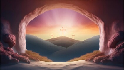The concept of Easter Sunday, the cross of the crucifixion of Jesus Christ, the concept of the Christian faith. The tomb is empty with a cross in the background of the dawn Resurrection of Jesus