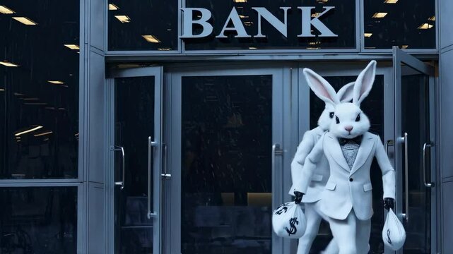 Elegantly suited rabbits dramatically exiting bank building, carrying oversized money bags during daring fictional robbery escape sequence