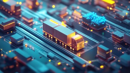 Fototapeta premium Truck on futuristic circuit board with glowing lights.