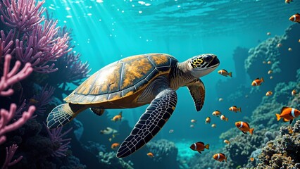 Obraz premium Underwater Sea Turtle in Coral Reef