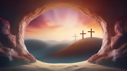 The concept of Easter Sunday, the cross of the crucifixion of Jesus Christ, the concept of the Christian faith. The tomb is empty with a cross in the background of the dawn Resurrection of Jesus