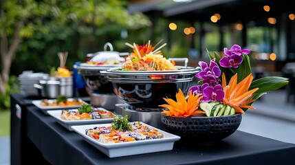 Elegant Buffet Table with Asian Cuisine