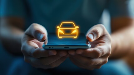 Hands Holding Smartphone with Car Icon in Augmented Reality