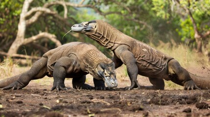 Obraz premium Komodo dragons fighting, Indonesian island, jungle background, wildlife documentary