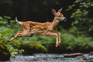 White-tailed deer fawn leaping over forest stream