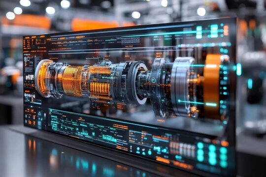 Futuristic transparent display showing rotating engine and statistics in a factory