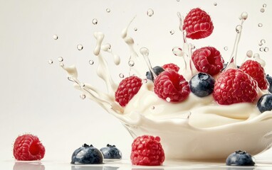 White chocolate sauce splashing with raspberries and blueberries levitating in a clean white space