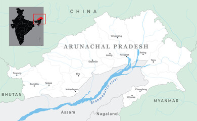 Naklejka premium Arunachal Pradesh map showcasing its geography, borders, districts, major towns, natural landmarks, and capital Itanagar in Northeast India