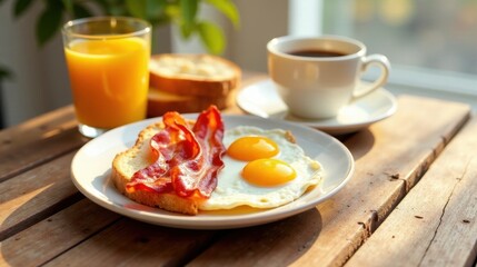 A delightful breakfast of fried eggs, crispy bacon, and toasted bread, accompanied by a glass of orange juice and a cup of coffee, all enjoyed in the warm sunlight on a rustic wooden table.