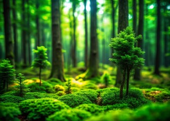 Miniature Dark Green Forest Landscape, Tilt-Shift Photography