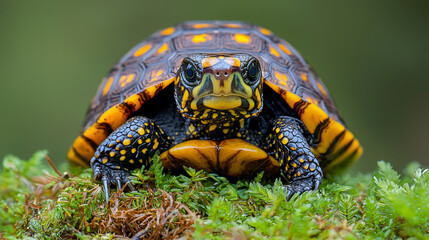 Bold tortoise, striking yellow and black shell, mossy green backdrop.