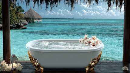 Obraz premium Luxurious bathtub ocean view spa relaxation tropical paradise