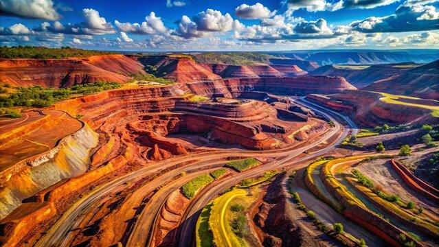 Aerial View of Hematite Iron Ore Mine, Red Rock Formation, Mining Landscape