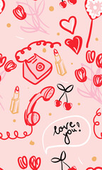 Valentines Day pattern. February 14. Vector cute doodle pattern with a bouquet of flowers, a lipstick, a phone, lollipop. Vector illustration