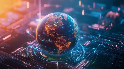 Futuristic 3d globe featuring renewable energy concepts in a flat design illustration style