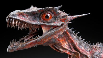 Obraz premium Fiery young dinosaur close-up, dark background, fantasy creature