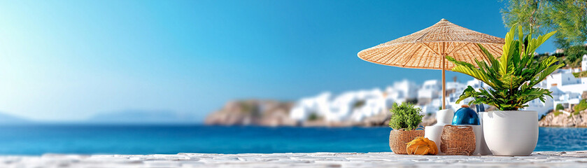 Relaxing beach scene santorini ai generated image coastal environment serene viewpoint © pj