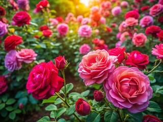 Aerial View of Lush Rose Garden, Pink and Red Roses Blooming, Green Leaves