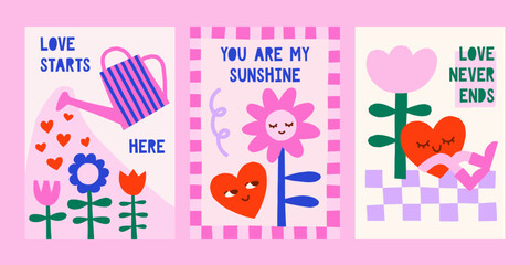 Cute cutout style Valentine's Day vector cards. Hand drawn simple groovy illustrations set with hearts and flowers character, gardening