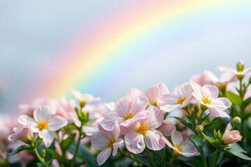 Fototapeta premium A vivid rainbow arching colorful flower garden in full bloom.