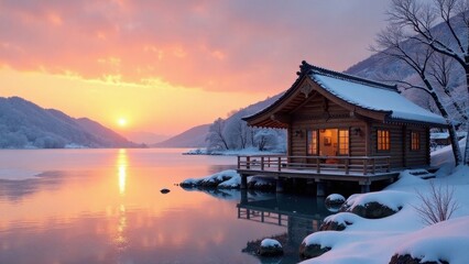 Fototapeta premium Serene Lakeside Cabin at Sunset in a Snowy Mountain Landscape