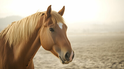 Obraz premium Chestnut Horse on a Misty Beach, palomino horse, light brown horse, equine, animal, mammal
