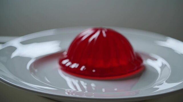 Red gelatin dessert gently wobbling and jiggling on white ceramic plate, showcasing delicate motion against pristine studio background