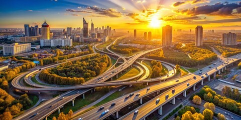 Obraz premium Aerial View of Moscow Highway Interchange at Sunset, Russia