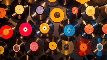 Colorful Vinyl Records Display on Wall for Retro Music Lovers