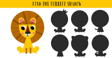 Fototapeta premium Find the correct shadow maze game puzzle exercise for kids. Lion feline cat africa safari creature educational illustration printable page.