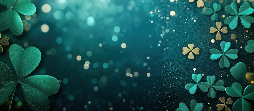 Abstract glowing bokeh lights and clovers in vibrant green theme