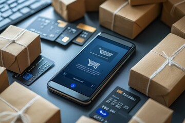 Fototapeta premium Online shopping on smartphone with parcels and credit cards displayed