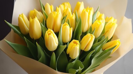 Yellow tulips, gift box. Generative AI