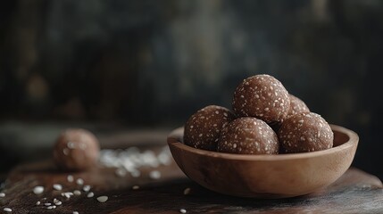 Delicious traditional Indian sweet laddoos served in a rustic wooden bowl