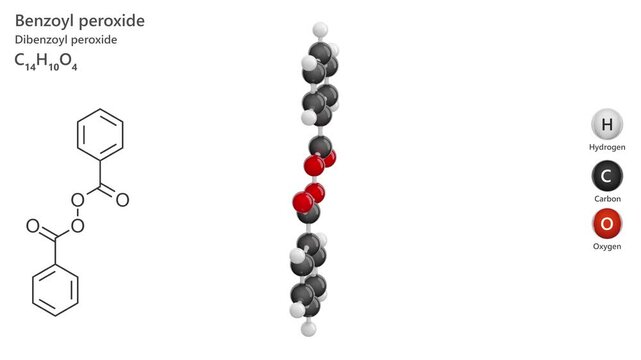 Benzoyl Peroxide. Animated 3D model of a molecule. Molecular formula: C14H10O4. Chemical model: Ball and stick. White background. 3D rendering. Seamless loop.